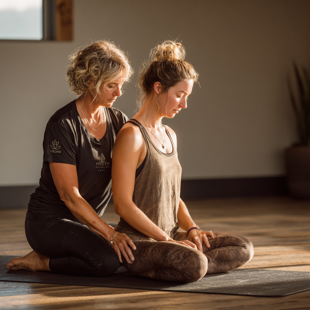 Gentle yoga instructor in her 40s guiding a beginner student through basic poses in a calm studio environment