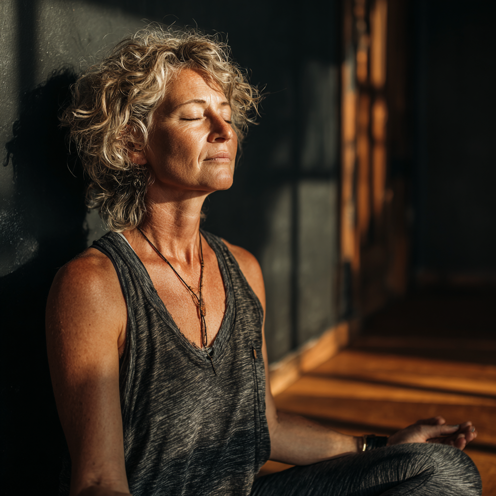 Peaceful middle-aged woman in her 50s practicing yoga meditation pose in a serene studio with natural lighting