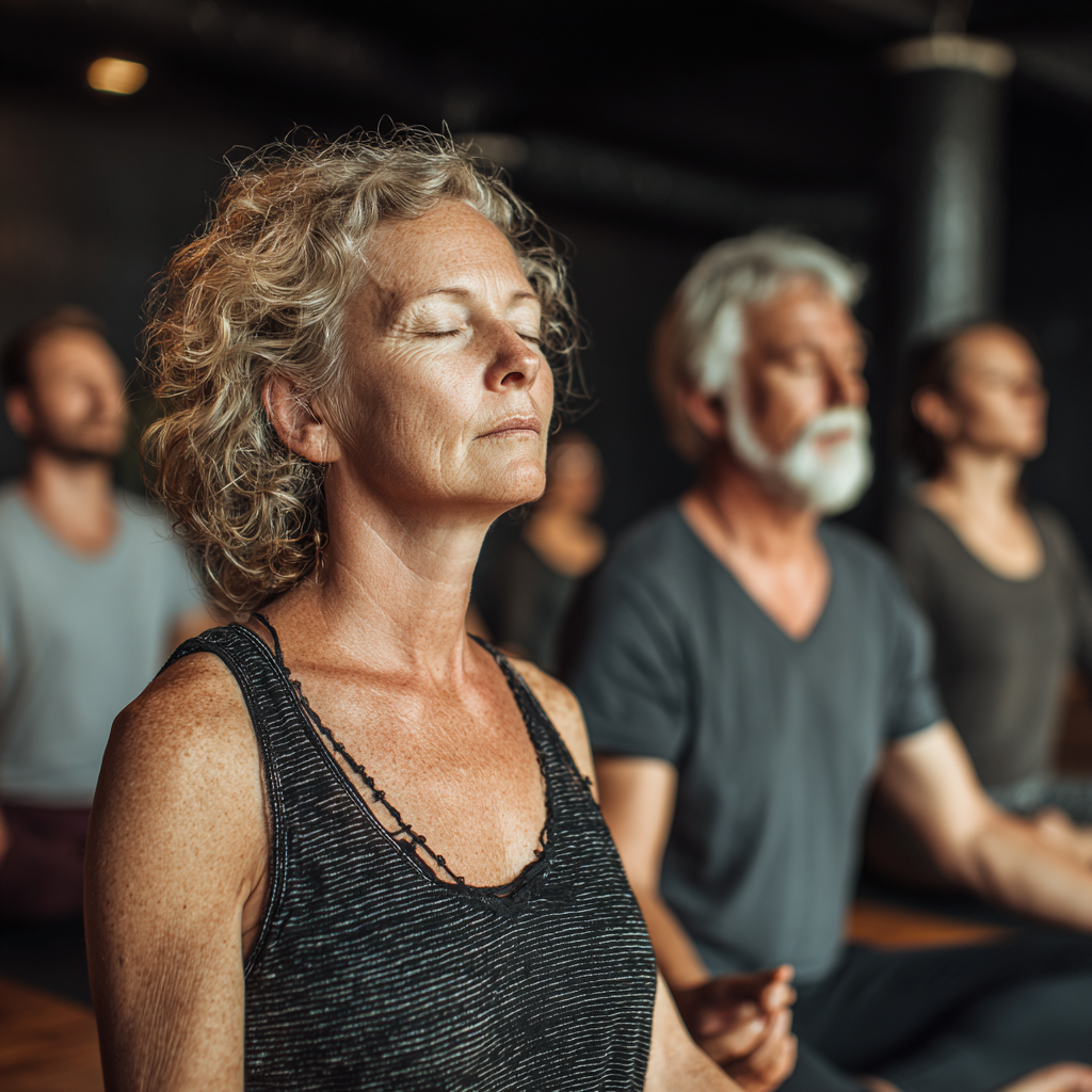 Serene group of adults aged 45-55 practicing meditation and breathing exercises in a peaceful yoga studio